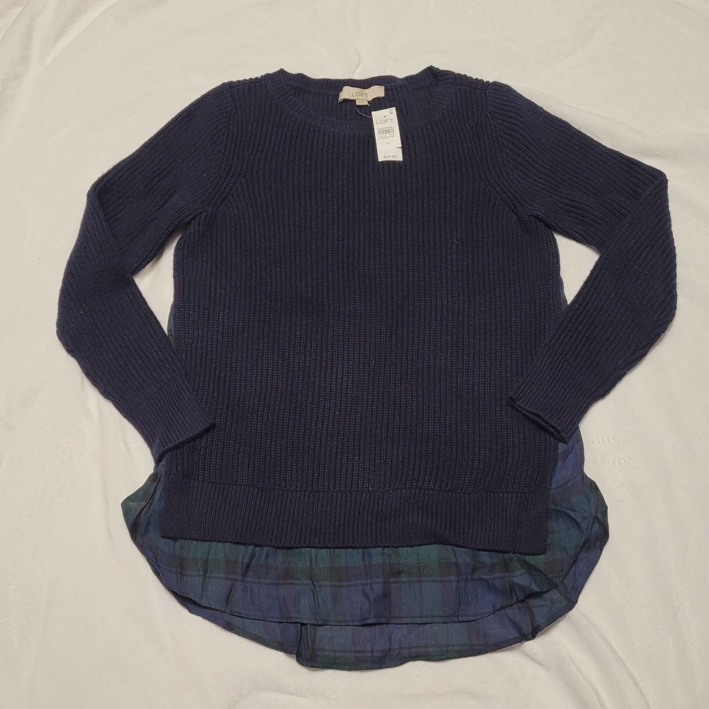 NWT Ann Taylor LOFT 2 in 1 Sweater Navy blue plaid shirt tail inset  size Small
